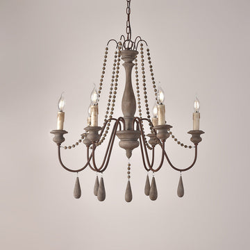 French Country Candle-Style 6-Light Wood Bead Swag 1-Tier Wooden Chandelier Gray